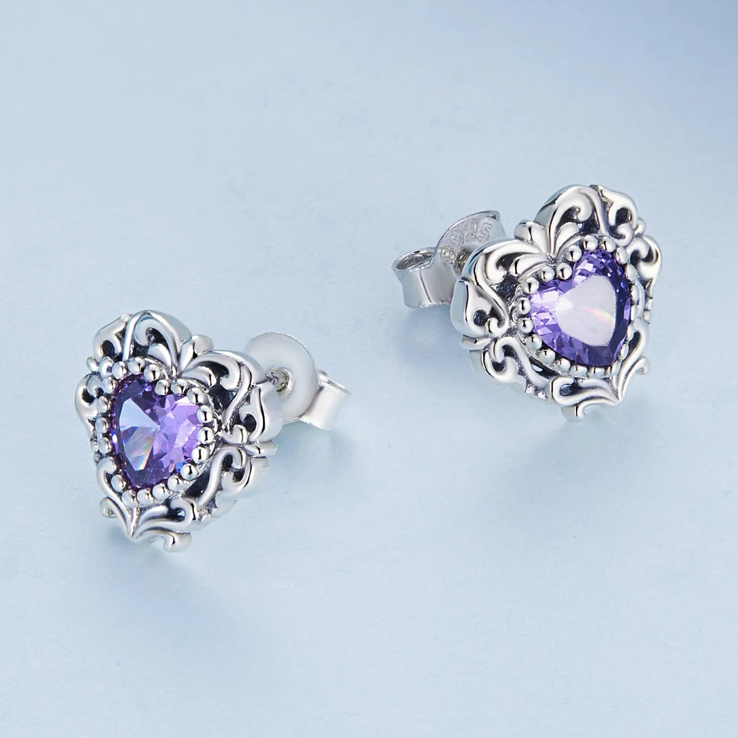 Pandora Style Purple Zircon Heart Stud øredobber - BSE695