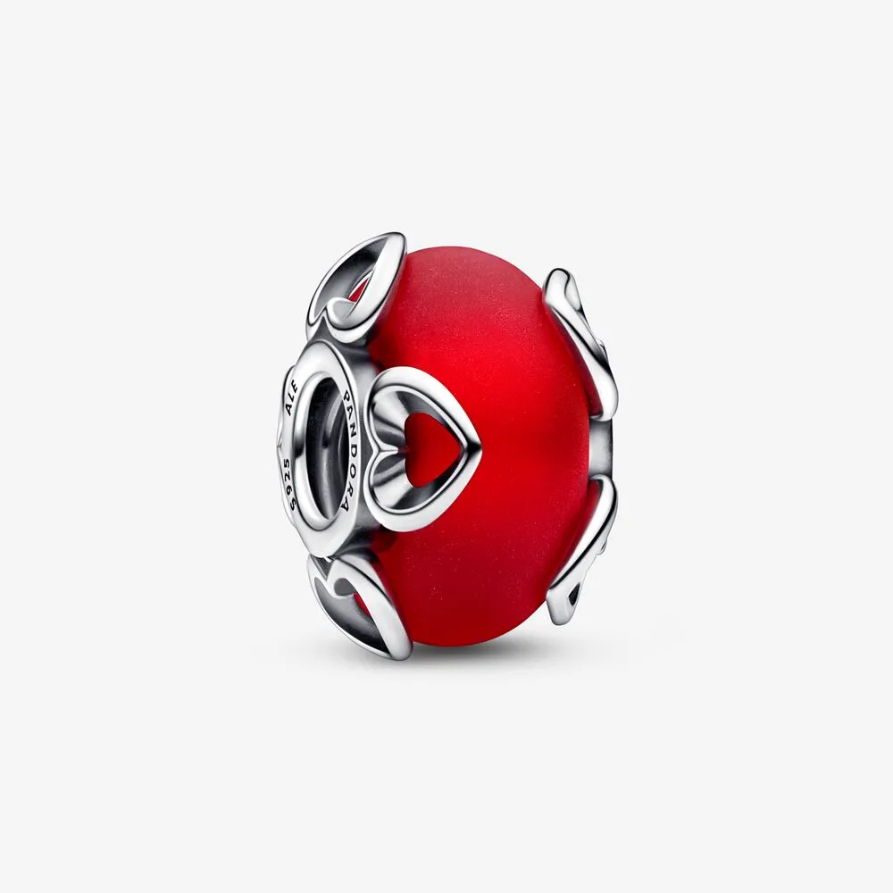 pandora frostet rødt muranoglass og hjerter charm 792497c01