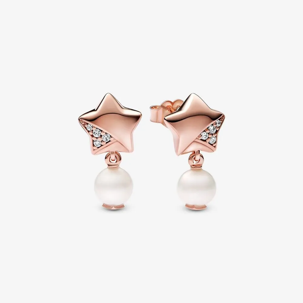 pandora star 14k rose gold plated stud earrings with clear cubic zirconia and treated freshwater cultured pearl 282488c01