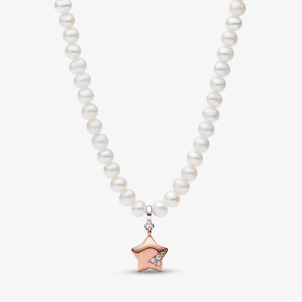 pandora star sterling silver and 14k rose gold plated collier with clear cubic zirconia and treated freshwater cultured pearl 3