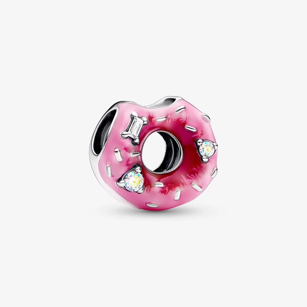 pandora donut sterling silver charm with aurora borelalis cubic zirconia clear cubic zirconia and shaded pink enamel 792596c01