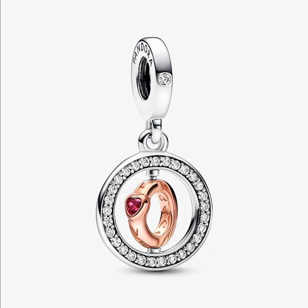 pandora elsker spinnende sterlingsølv og 14k rosegullbelagt dingle med røde og klare cubic zirconia 782600c01