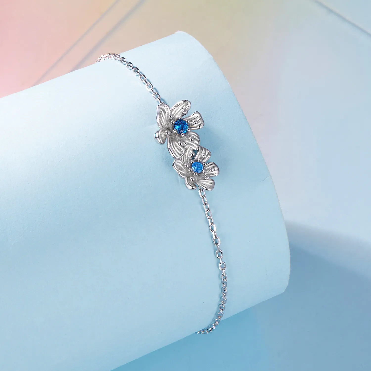 Pandora Style Blue Flower Chain Armbånd - BSB138