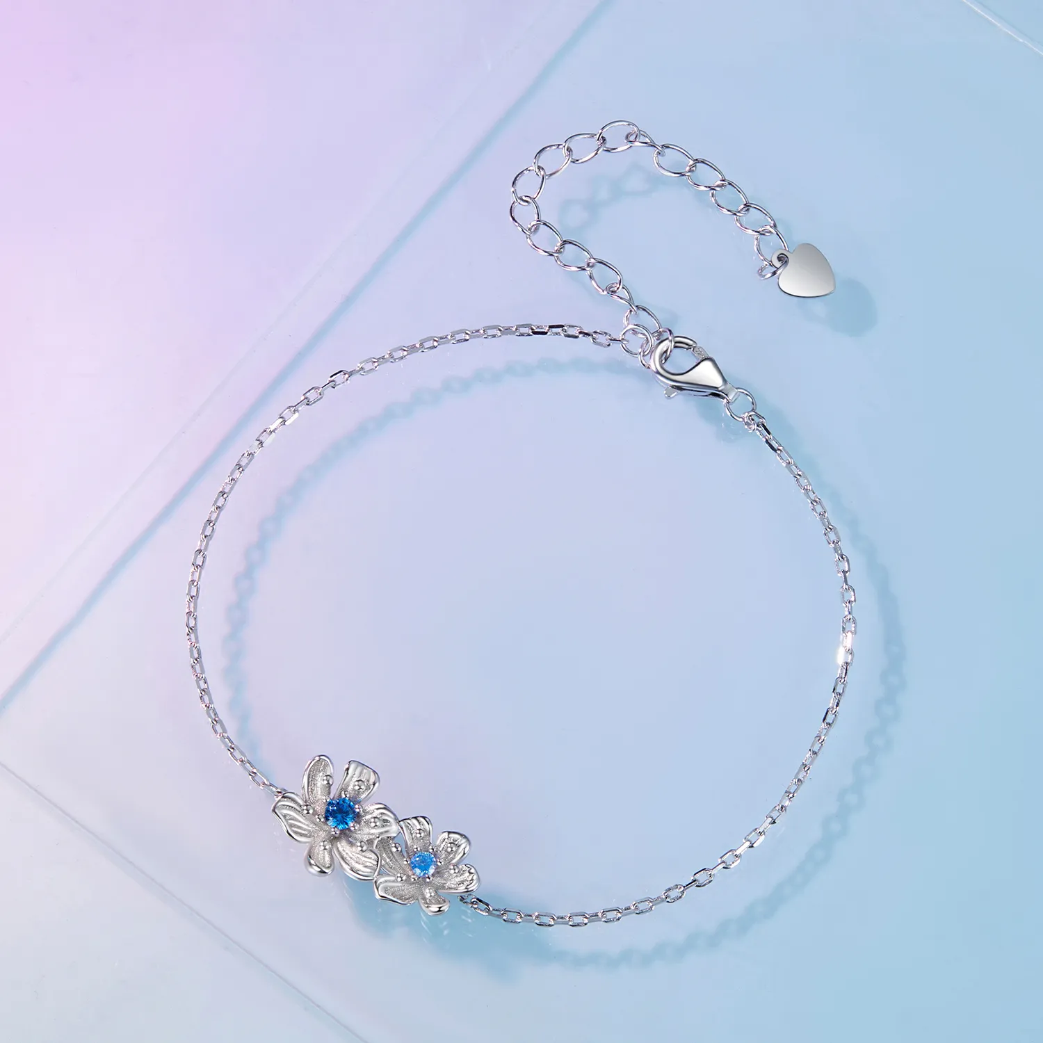 Pandora Style Blue Flower Chain Armbånd - BSB138