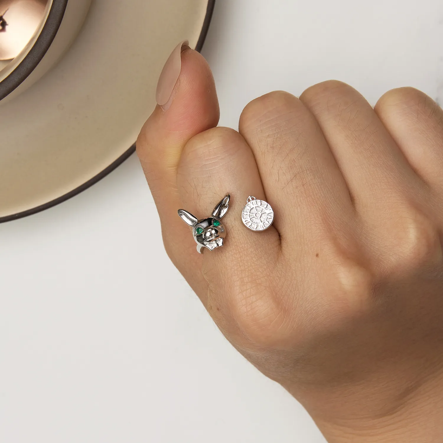 Pandora Style White Rabbit Clock Ring - SCR948-E