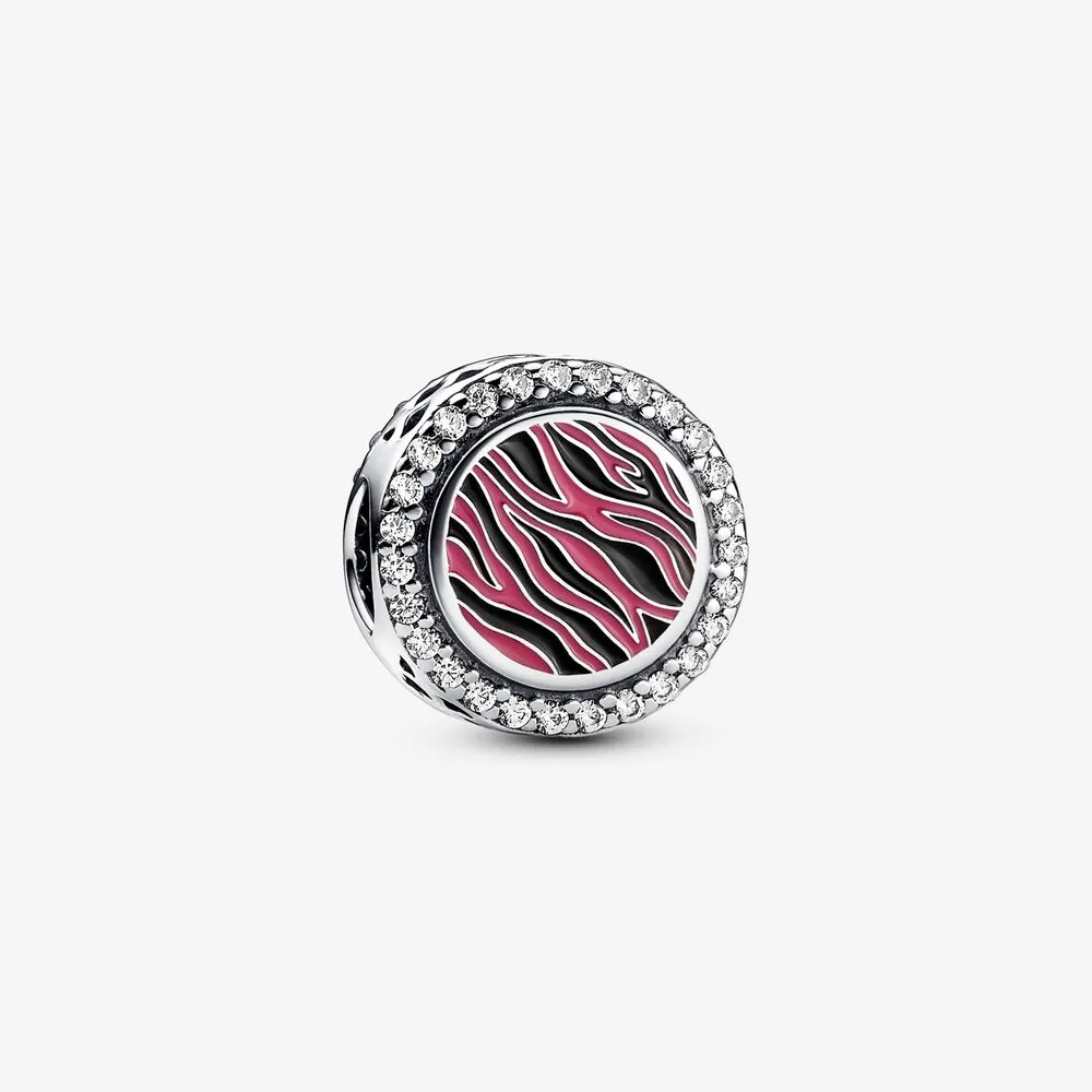 pandora zebra print sterling silver charm with clear cubic zirconia pink and black enamel 792016cz_e026