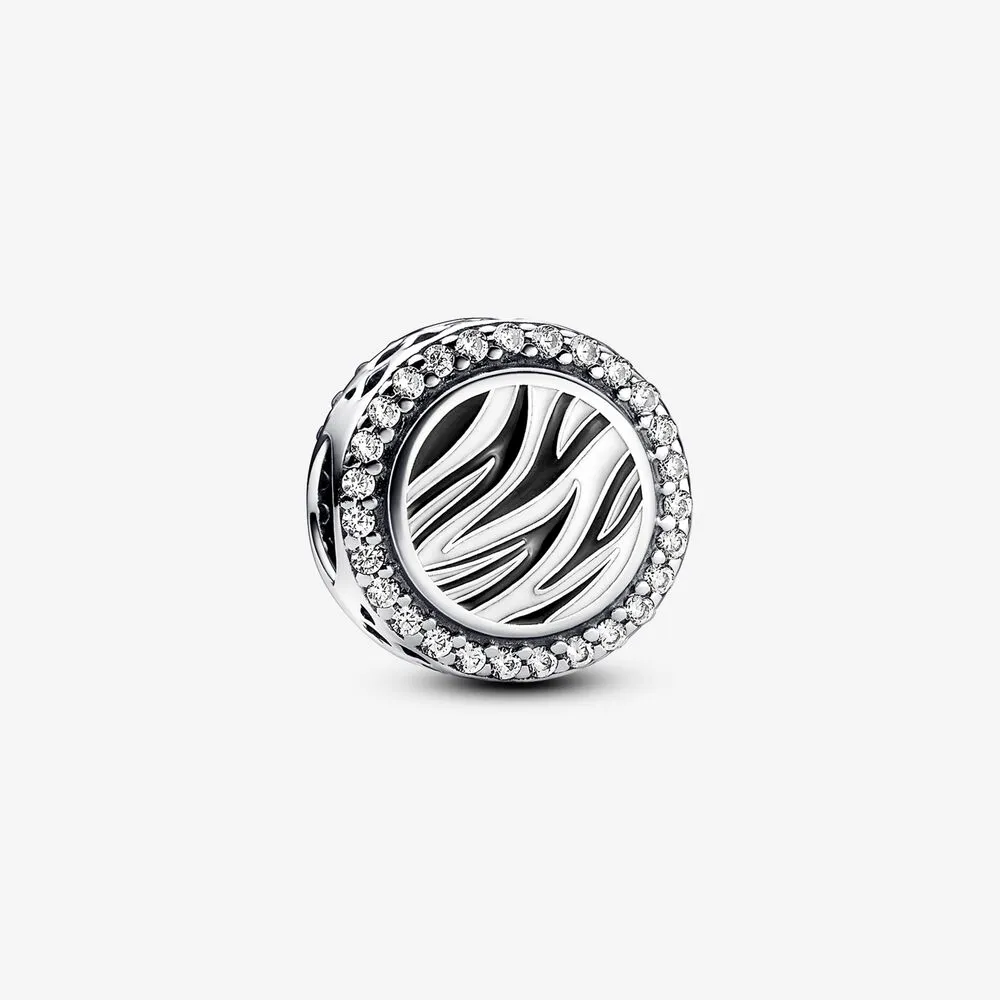 pandora zebra print sterling silver charm with clear cubic zirconia white and black enamel 792016cz_e025