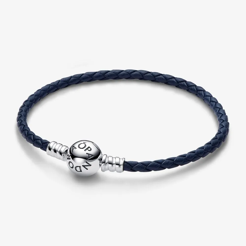 Pandora Moments Round Clasp Blue Braided Leather Bracelet - 592790C01