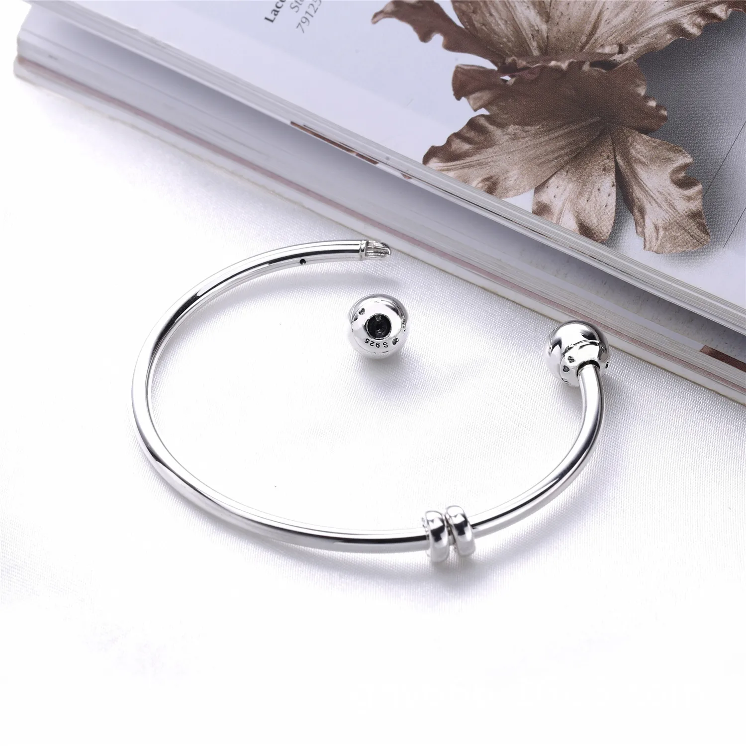 Moments Silver Open Bangle, PANDORA Logo Caps - 596477