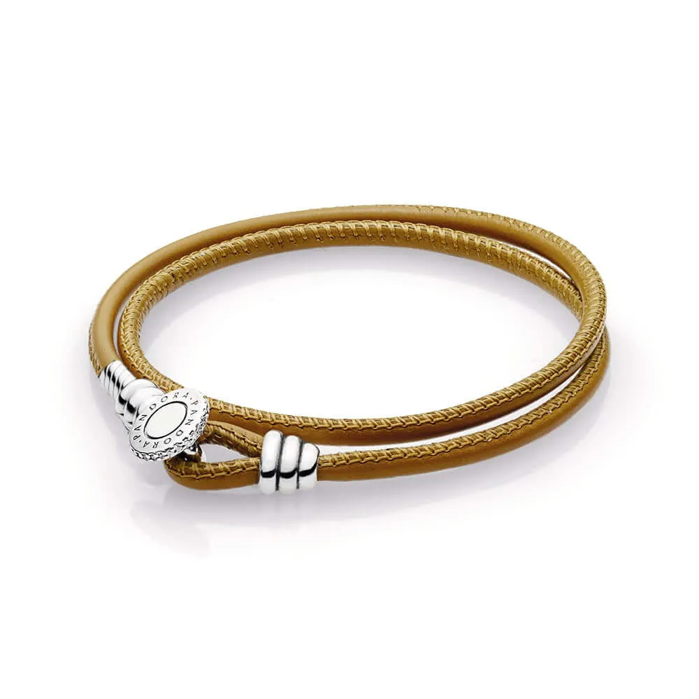 PANDORA Golden Tan Double Leather Bracelet, Clear CZ - 597194CGT-D