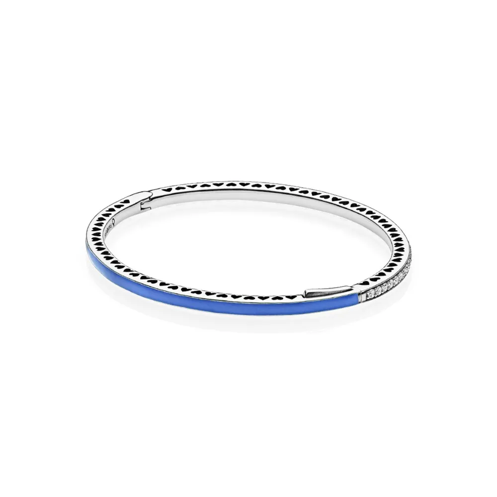 pandora silver bangle with blue enamel and clear cubic zirconia 590537en82