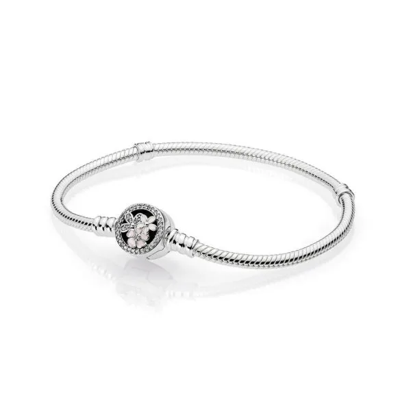 pandora silver bracelet with clear cubic zirconia white and pink enamel on floral clasp 590744cz