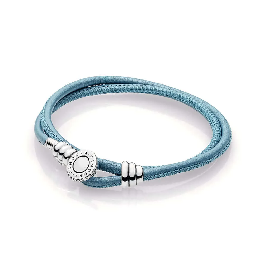 PANDORA Turquoise Double Leather Bracelet, Clear CZ - 597194CTQ-D