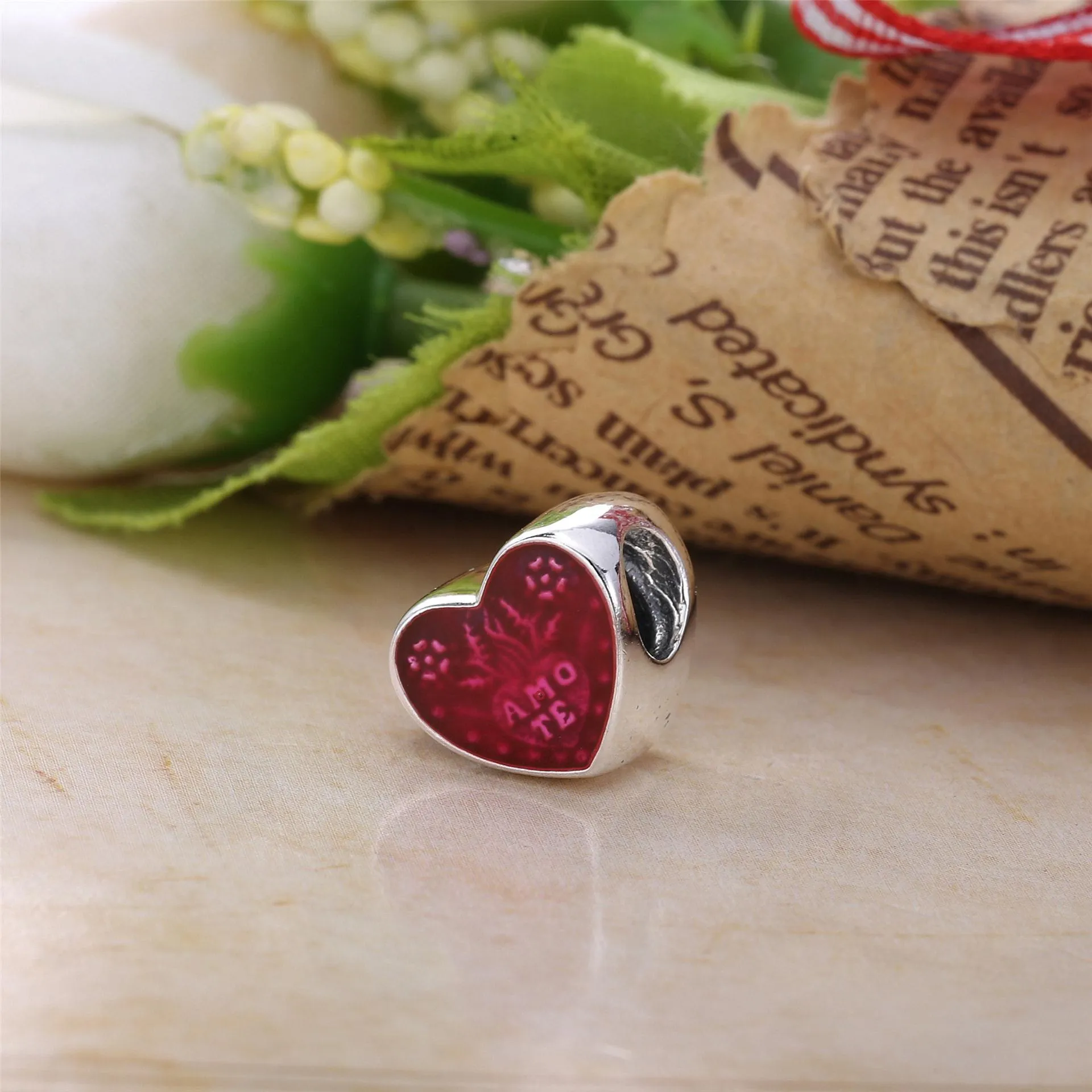 Pandora Amo te heart silver charm with cerise enamel - 792048EN117