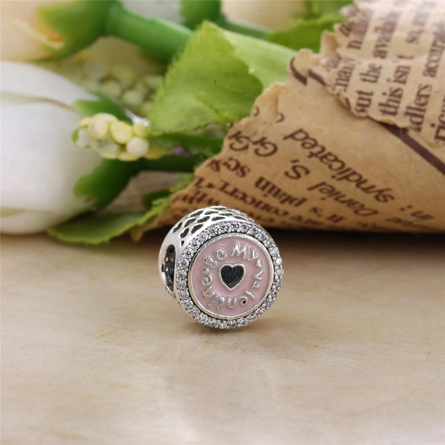 Pandora Be my Valentine silver charm with clear cubic zirconia and pink enamel - 792040CZ