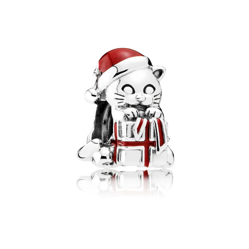 pandora christmas kitten silver charm with red enamel 792007en39