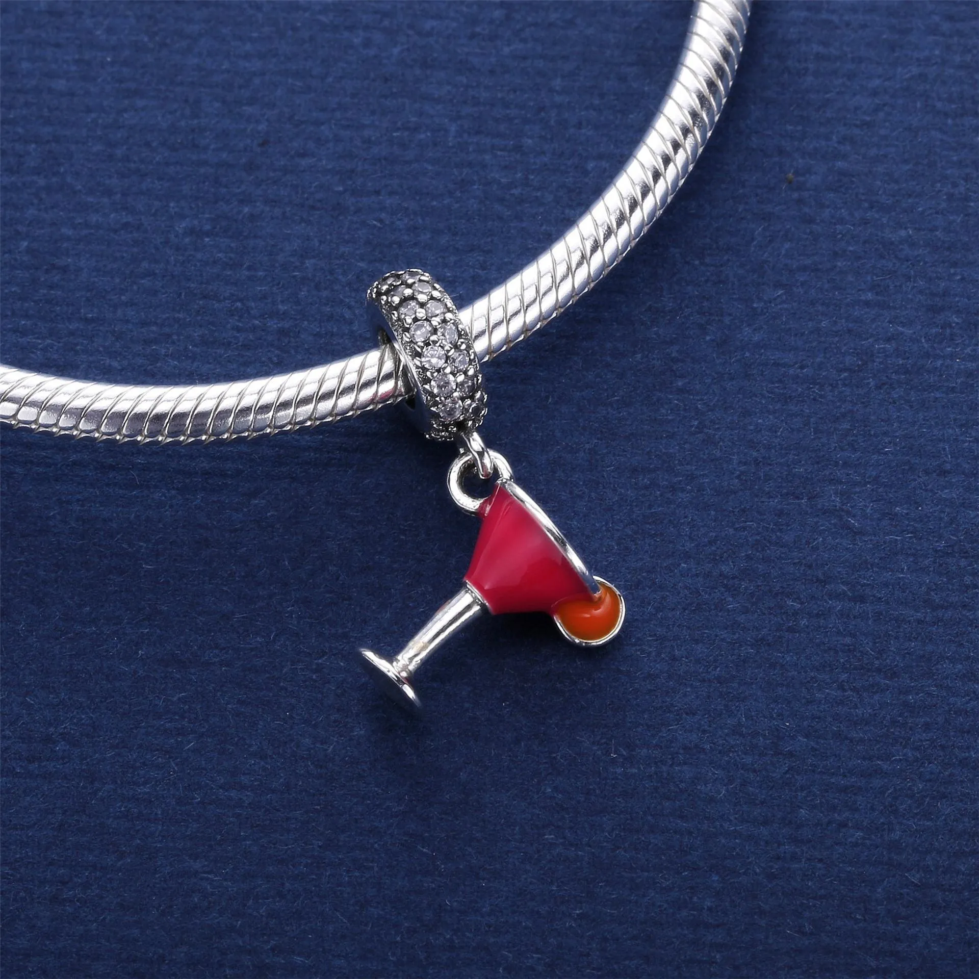 Pandora Cocktailglass sølv dingler med klar cubic zirconia, rosa og oransje emalje - 792153ENMX