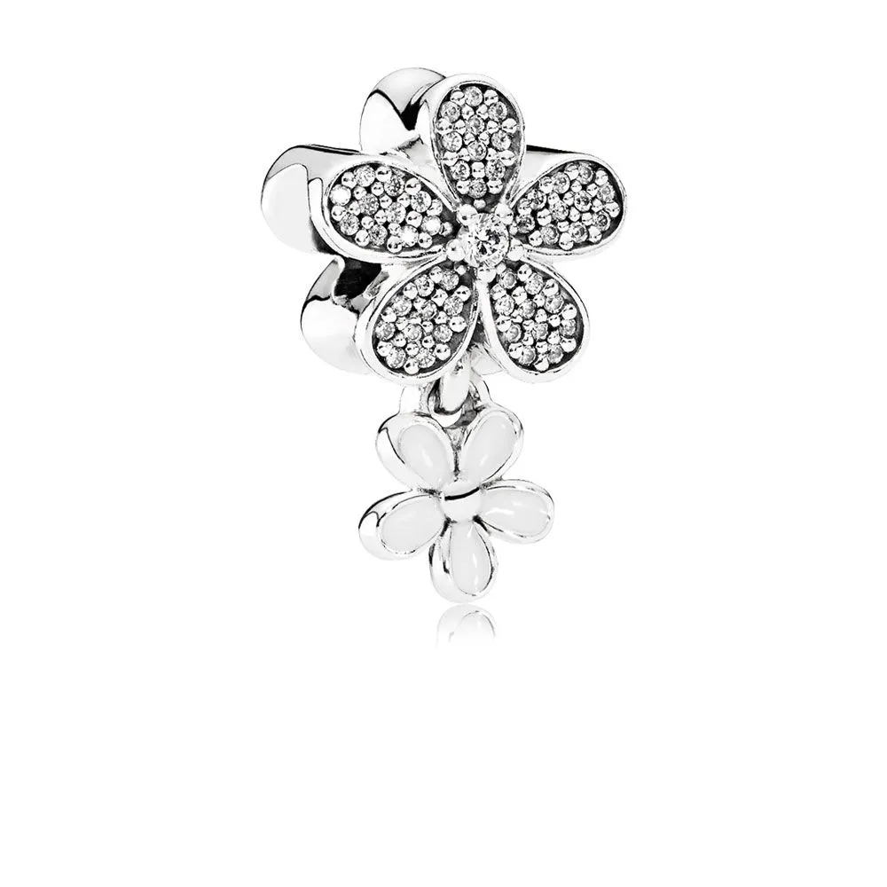 pandora daisy silver hengende charm with clear cubic zirconia and white enamel 792098cz