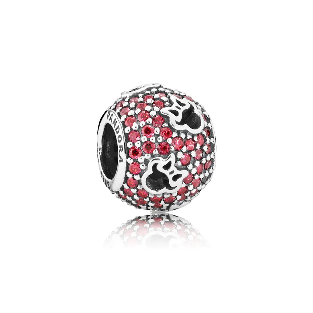 pandora disney abstract pave silver charm with red cubic zirconia and cut out minnie silhouettes 791584czr