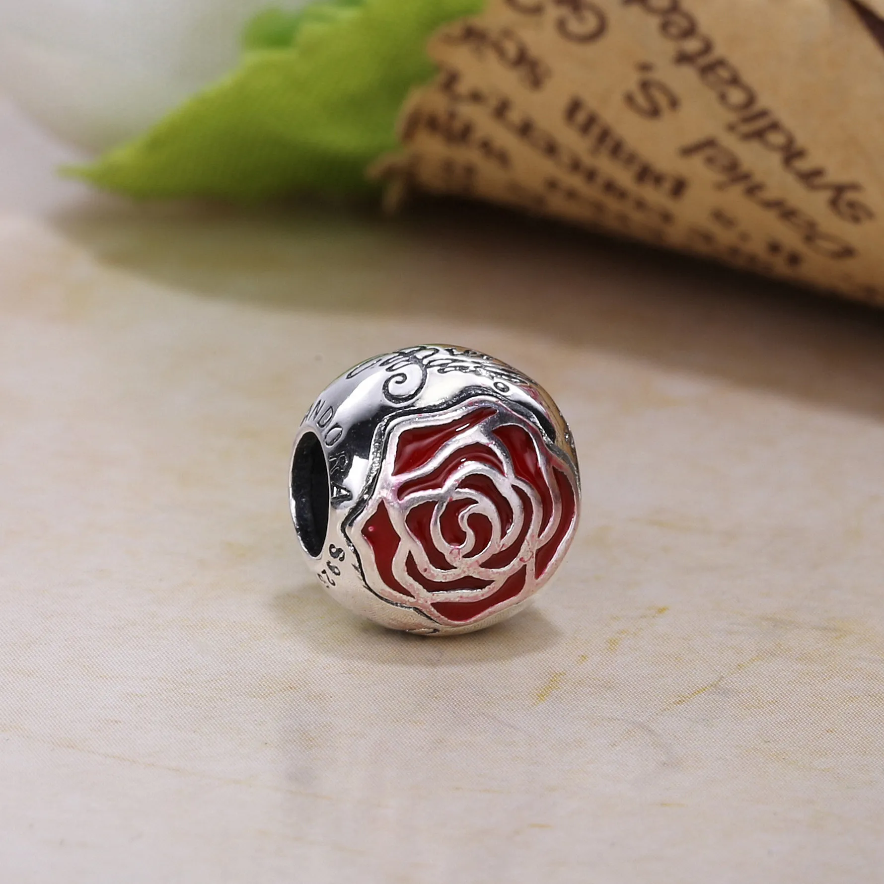 Pandora Disney Belle Enchanted rose silver charm with red enamel - 791575EN09