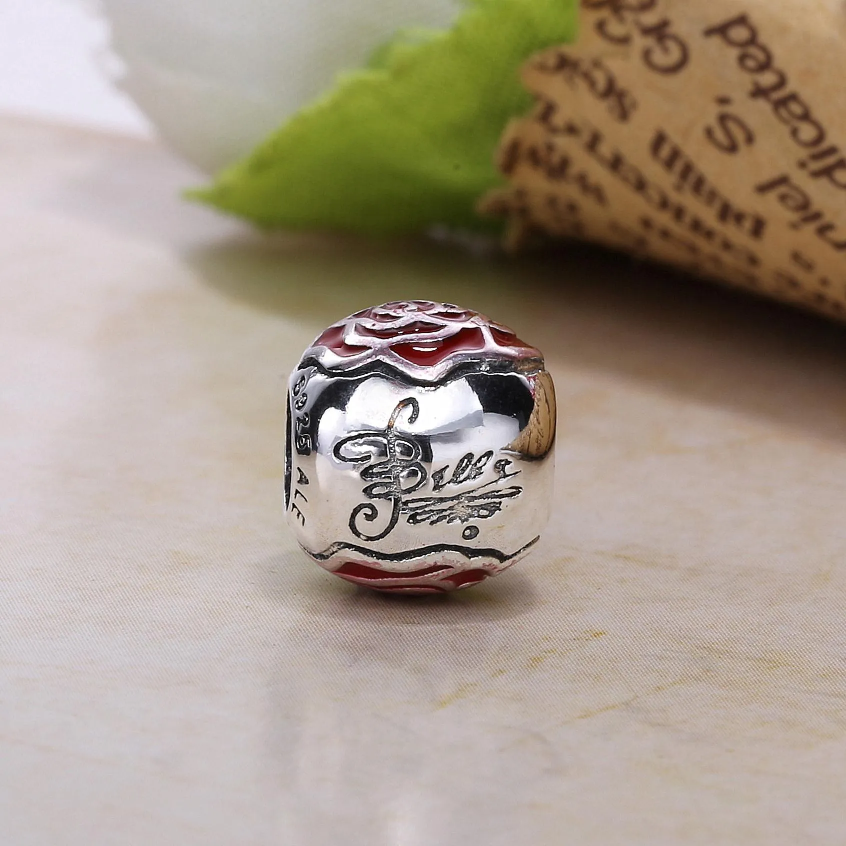 Pandora Disney Belle Enchanted rose silver charm with red enamel - 791575EN09