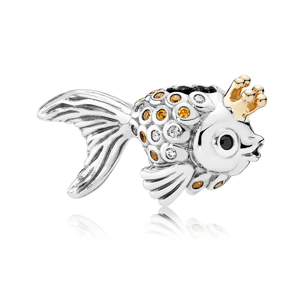 Pandora Fairytale fish silver charm with 14k, orange and golden coloured cubic zirconia and black crystal - 792014CCZ