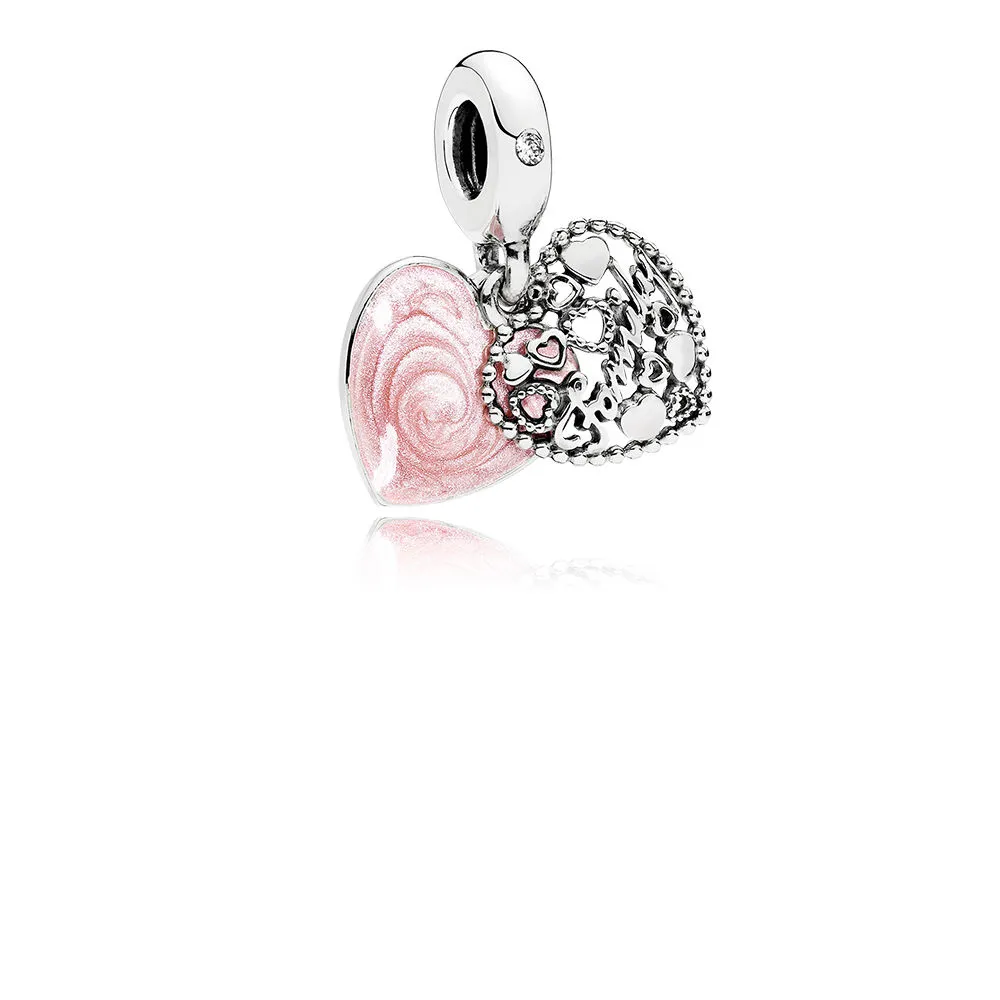 pandora familiehjerte sølv dingler med rosa emalje og klare cubic zirconia 796459en28