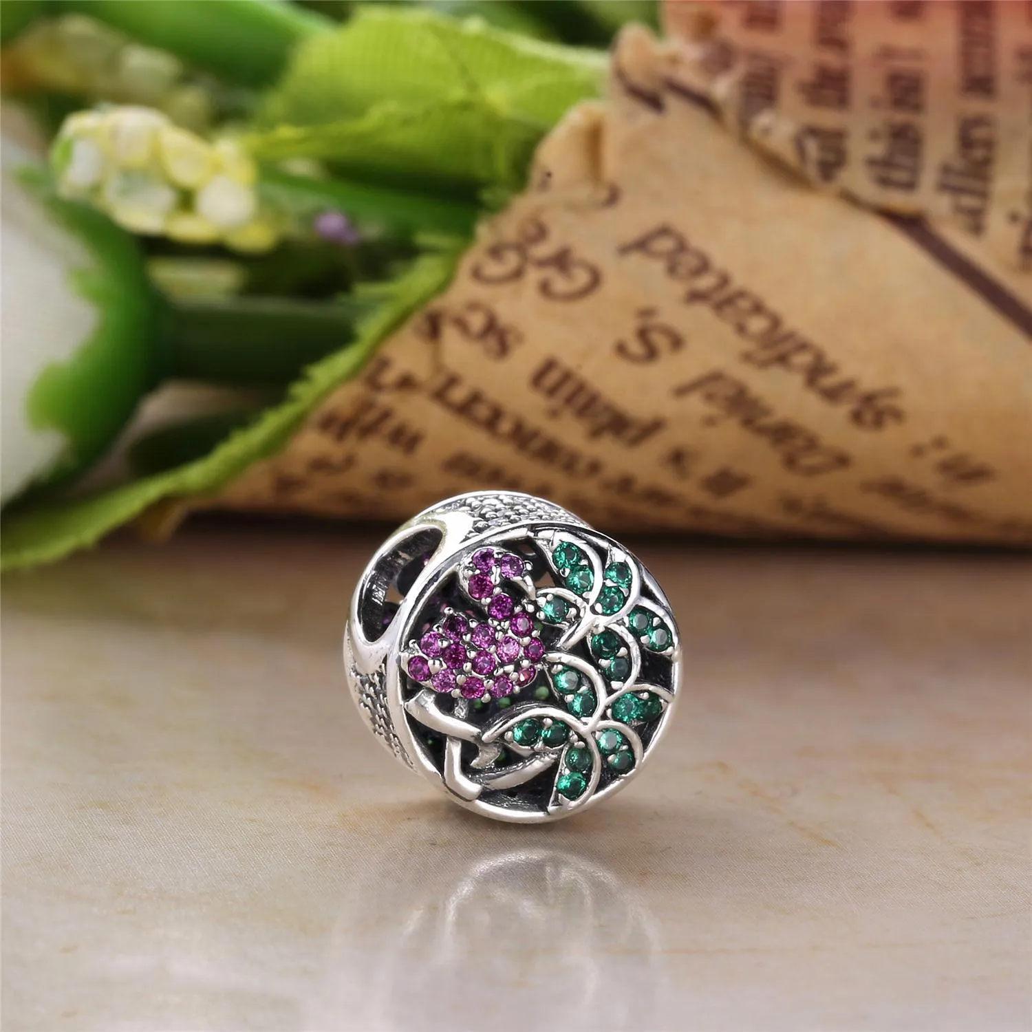 Pandora Flamingo silver charm with fancy pink cubic zirconia, teal cubic zirconia and light green crystal - 792117CZS