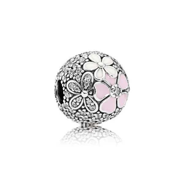 pandora floral silver clip with clear cubic zirconia white and pink enamel 792084cz