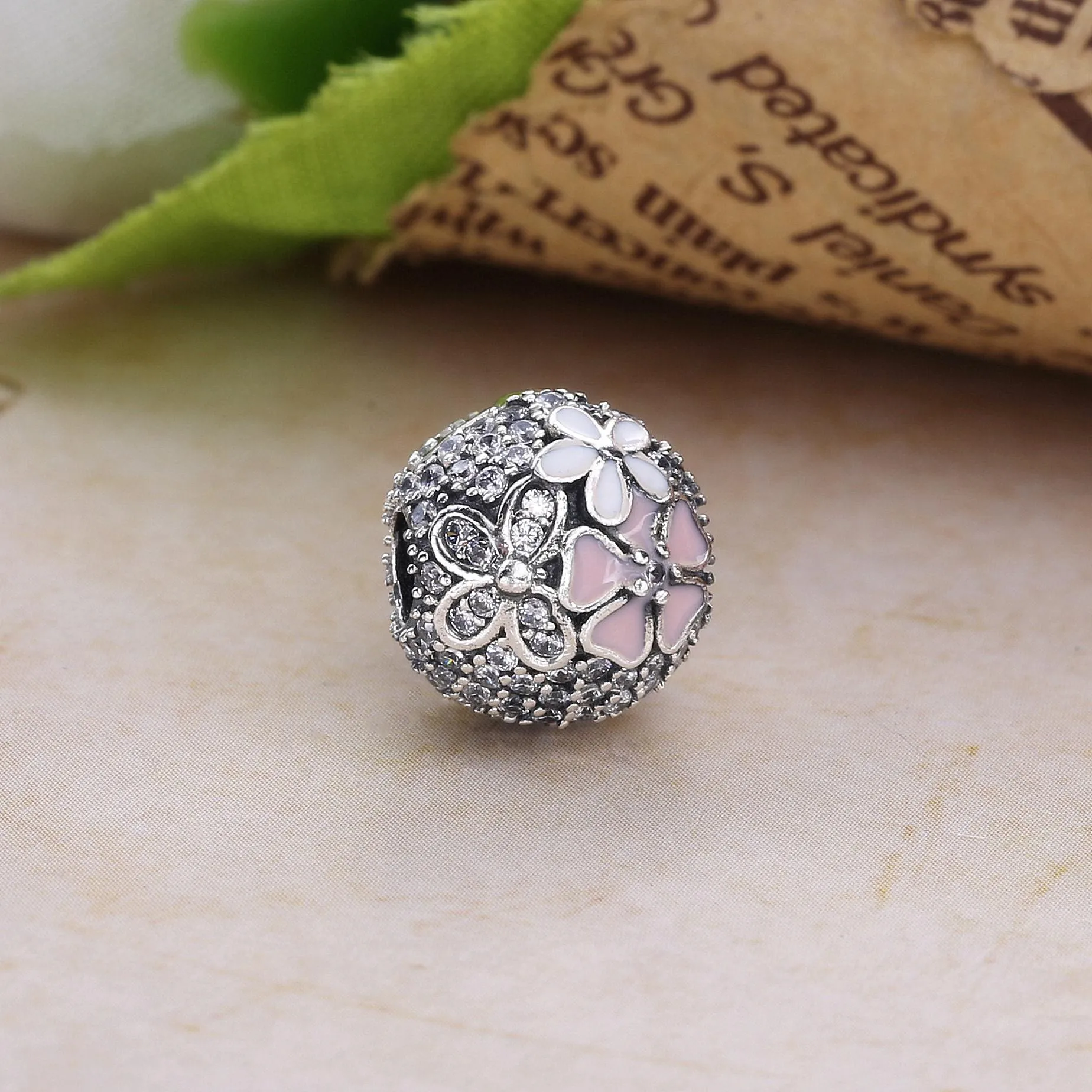 Pandora Floral silver clip with clear cubic zirconia, white and pink enamel - 792084CZ