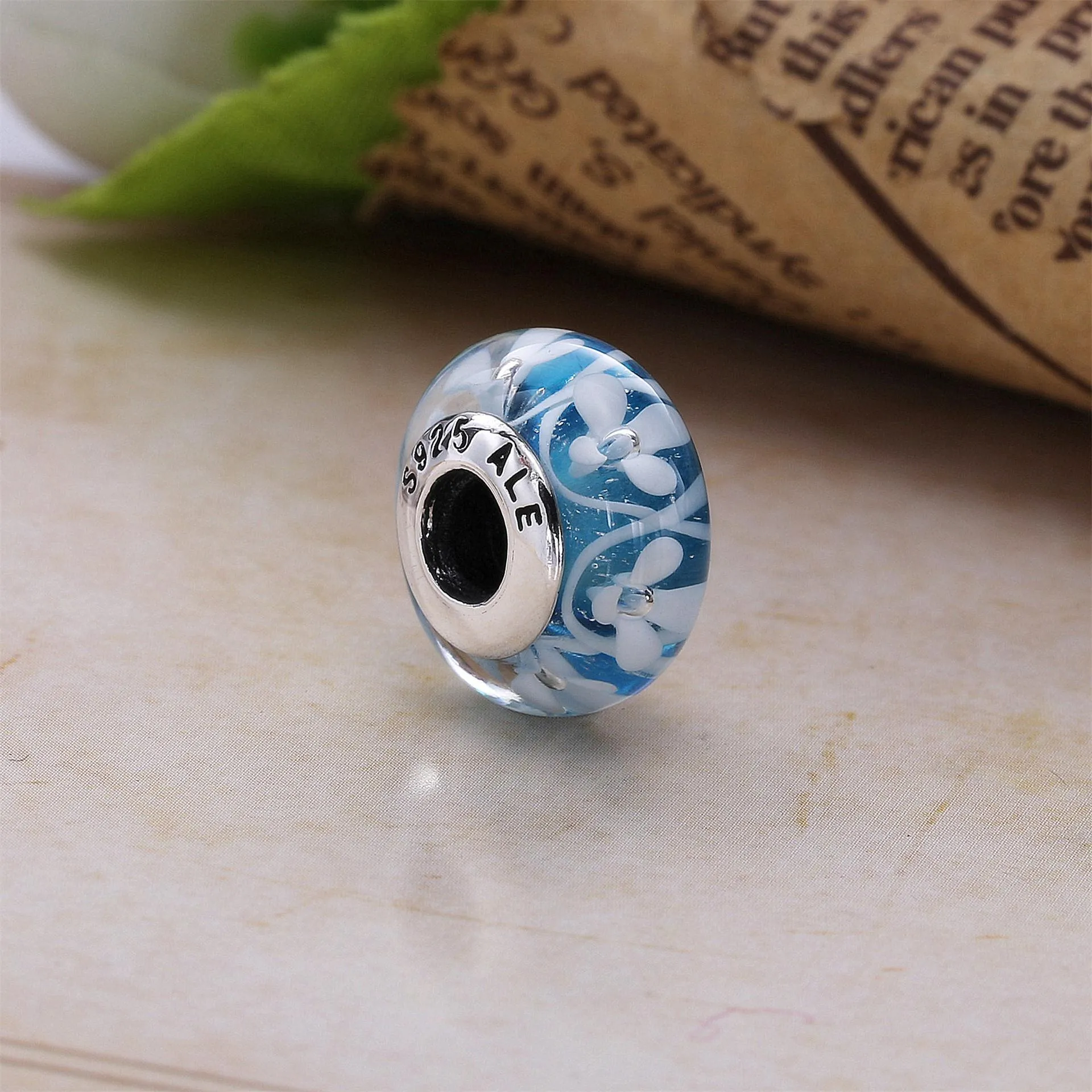 Pandora Flower silver charm with light blue, white and transparent Murano glass - 791666