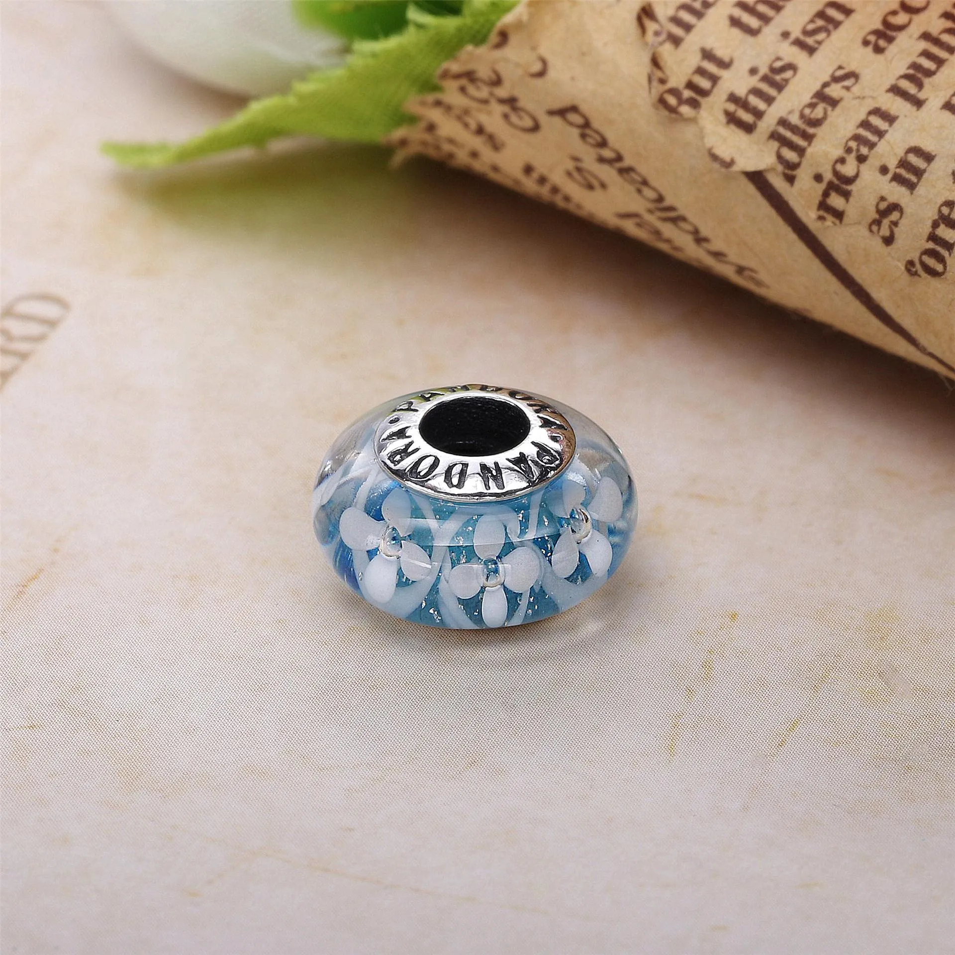 Pandora Flower silver charm with light blue, white and transparent Murano glass - 791666