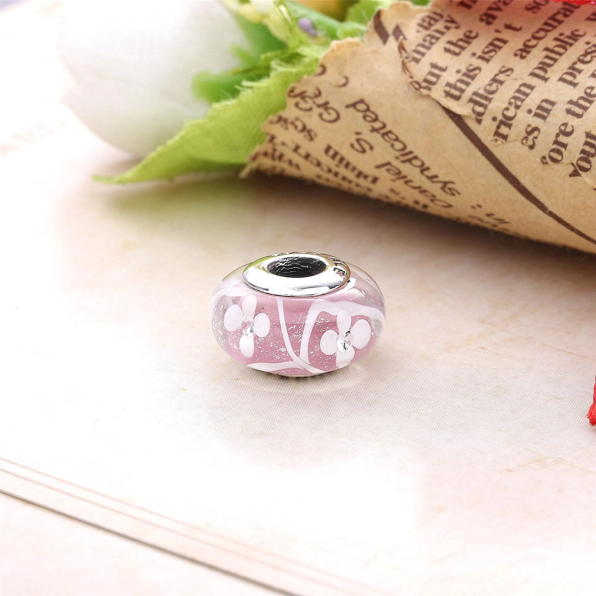 Pandora Flower silver charm with pink, white, red and transparent Murano glass and German glass - 791665