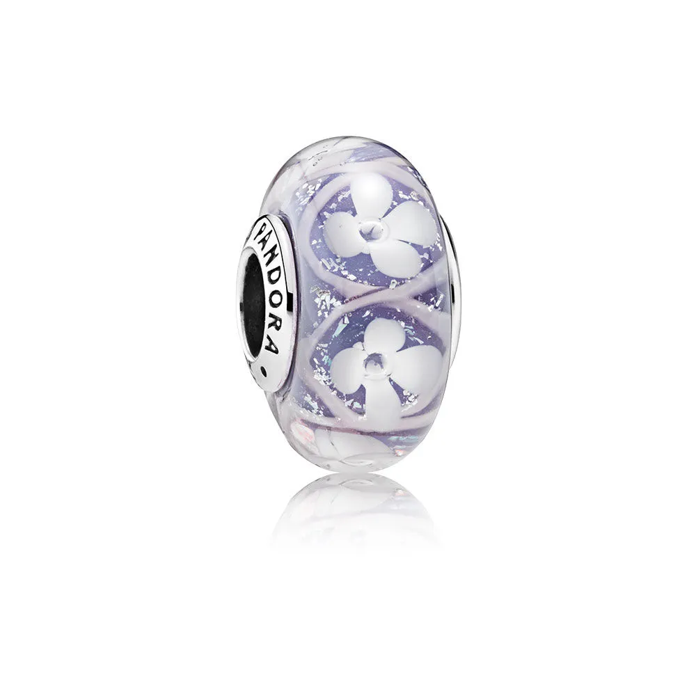 pandora flower silver charm with white and transparent murano glass and purple german glass 791667