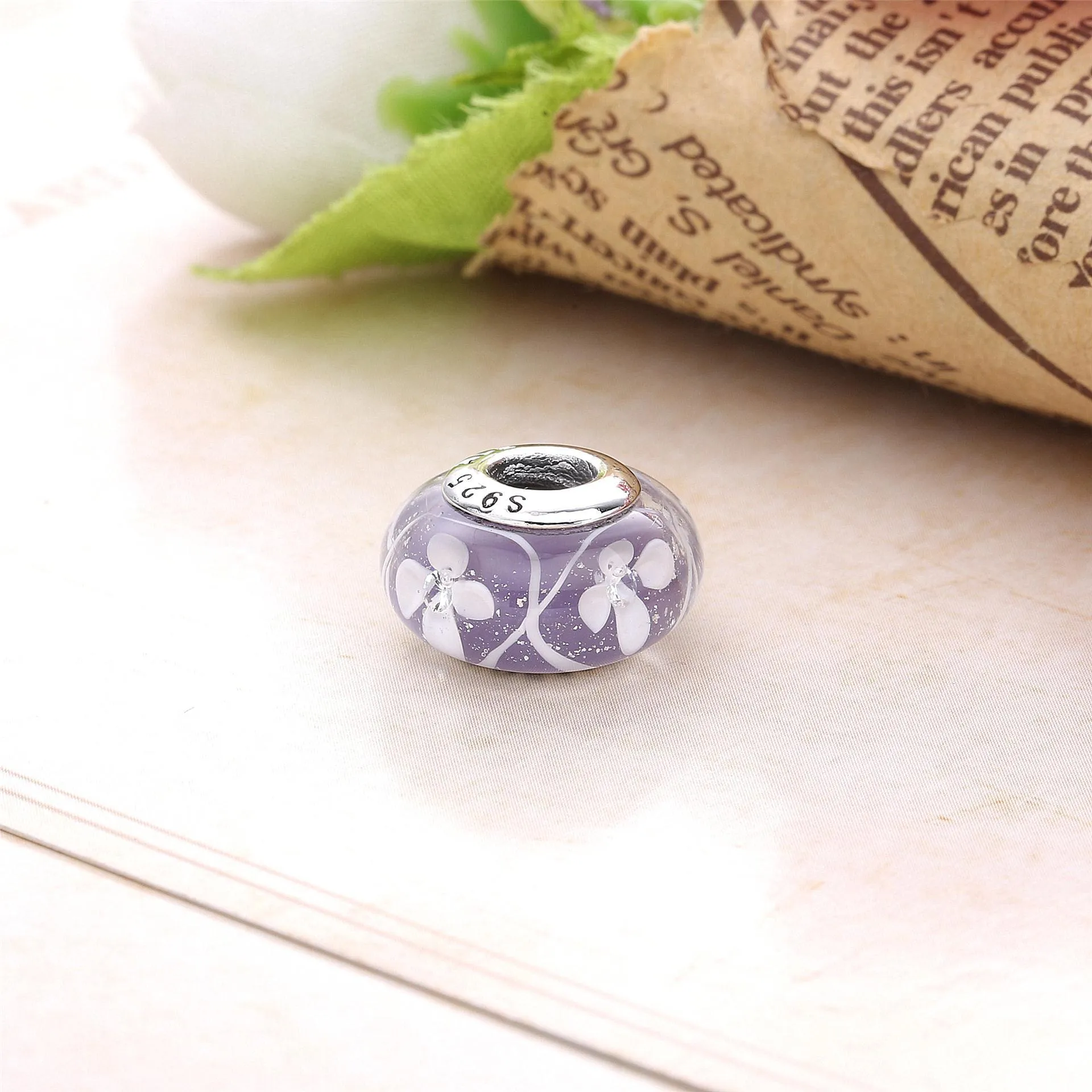 Pandora Flower silver charm with white and transparent Murano glass and purple German glass - 791667