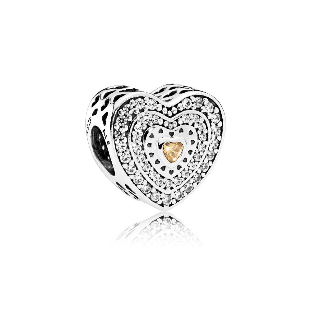 pandora heart silver charm with clear cubic zirconia and fancy golden coloured cubic zirconia 792081fcz