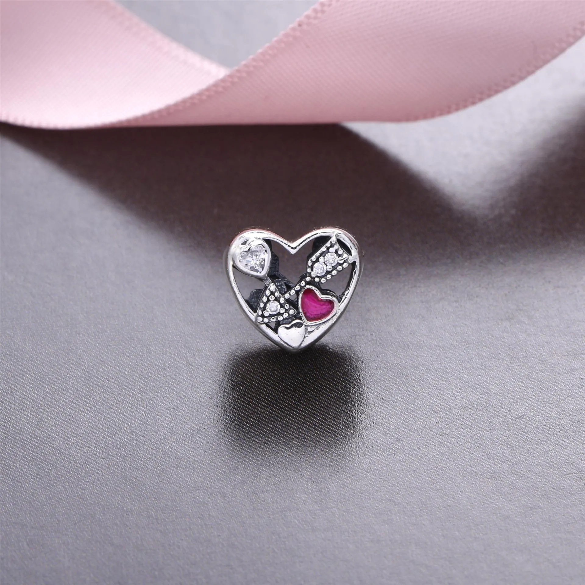 Pandora Heart silver charm with clear cubic zirconia and magenta enamel - 792039CZ