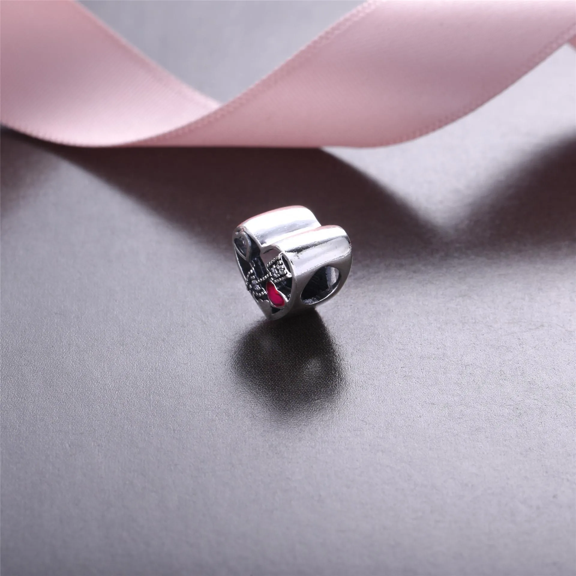 Pandora Heart silver charm with clear cubic zirconia and magenta enamel - 792039CZ