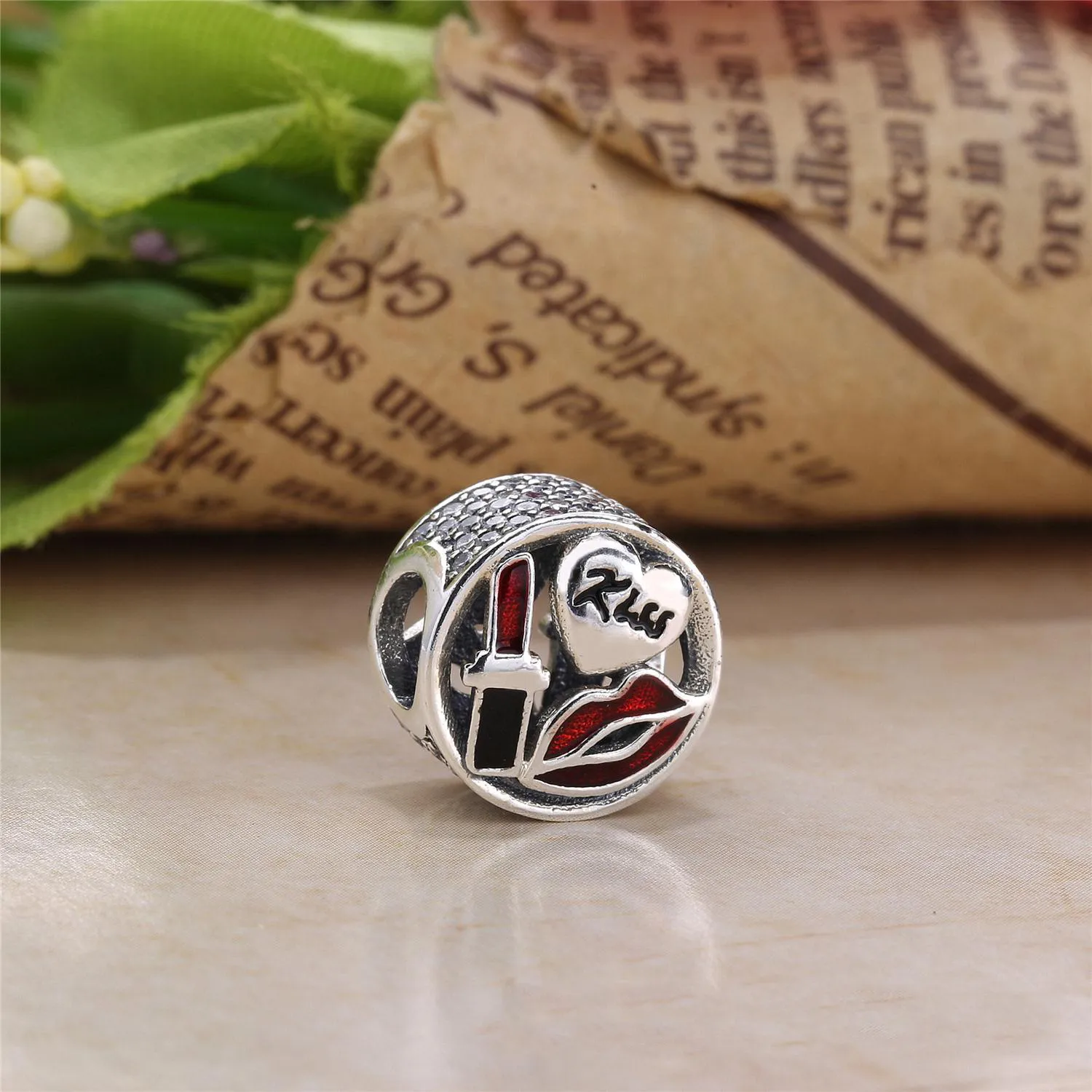 Pandora Kiss silver charm with red, black enamel and clear cubic zirconia - 796324ENMX