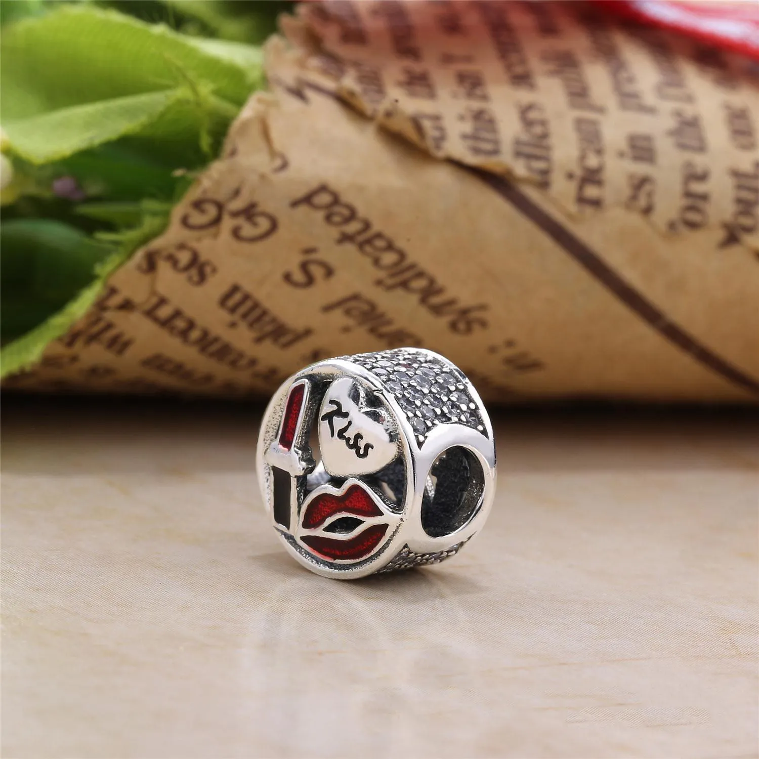 Pandora Kiss silver charm with red, black enamel and clear cubic zirconia - 796324ENMX