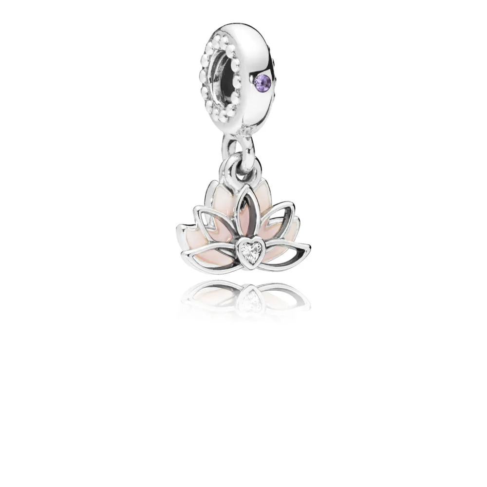 pandora lotus sølv dingler med rosa emalje lilla krystall og klare cubic zirconia 797259cz