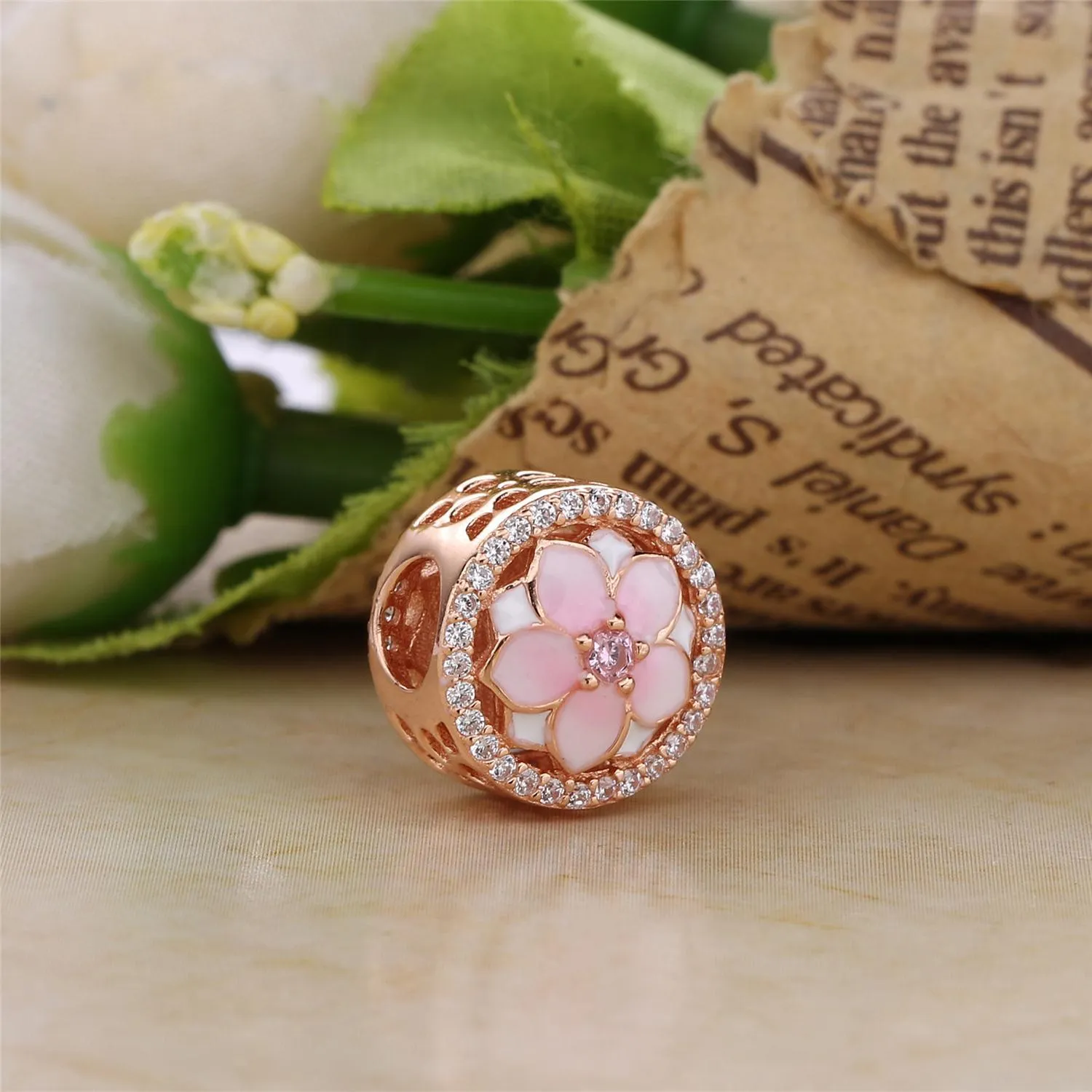 PANDORA Magnolia Bloom Pale Cerise Emalje Rosa CZ Charm - 792085PCZA