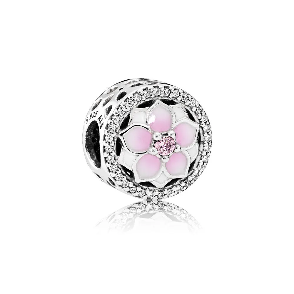 pandora magnolia silver charm with pink cubic zirconia clear cubic zirconia white and shaded pink enamel 792085pcz