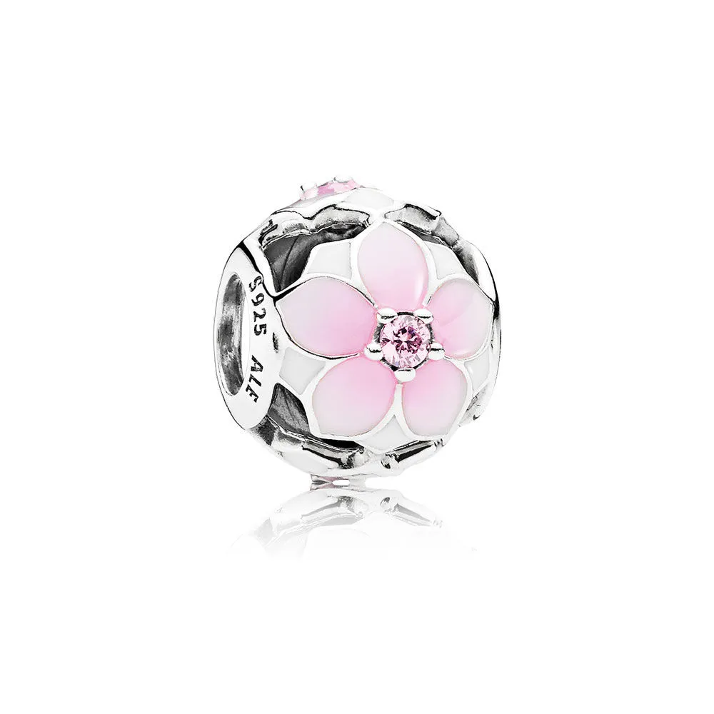 Pandora Magnolia silver charm with pink cubic zirconia, white and shaded pink enamel - 792087PCZ