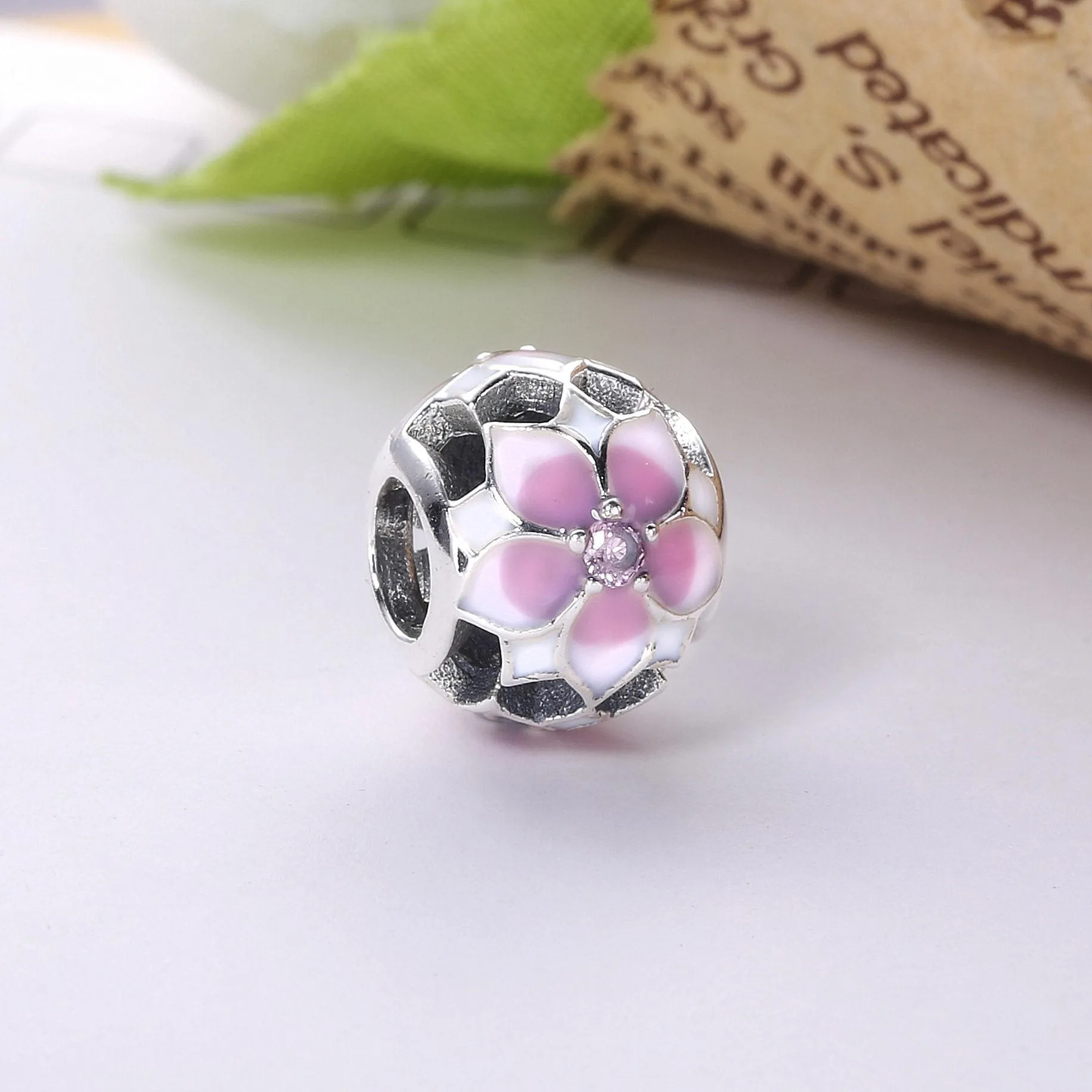 Pandora Magnolia silver charm with pink cubic zirconia, white and shaded pink enamel - 792087PCZ