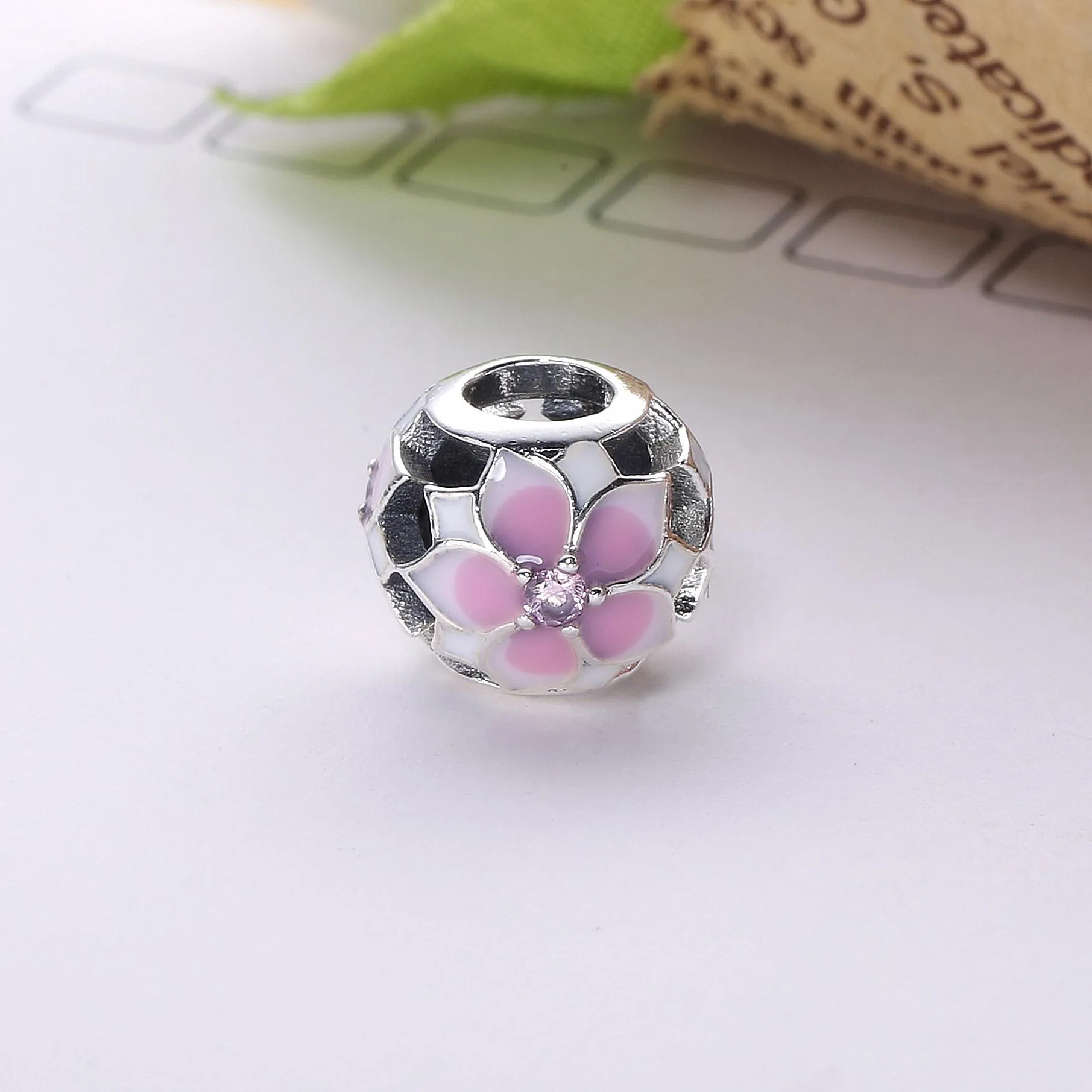 Pandora Magnolia silver charm with pink cubic zirconia, white and shaded pink enamel - 792087PCZ