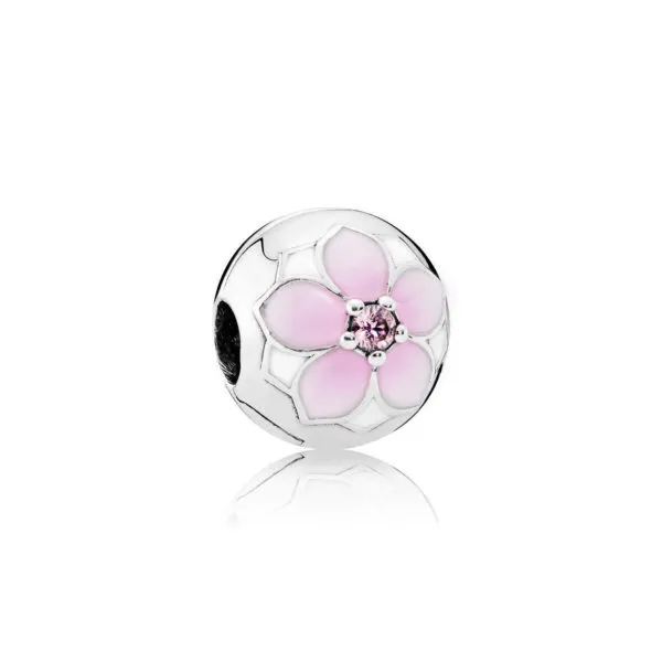 pandora magnolia silver clip with pink cubic zirconia white and shaded pink enamel 792078pcz