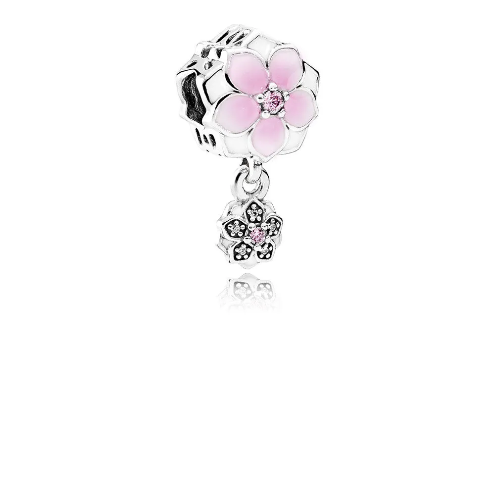 PANDORA Magnolia Bloom Pale Cerise Enamel Pink Clear CZ Da Dangle - 792077PCZ