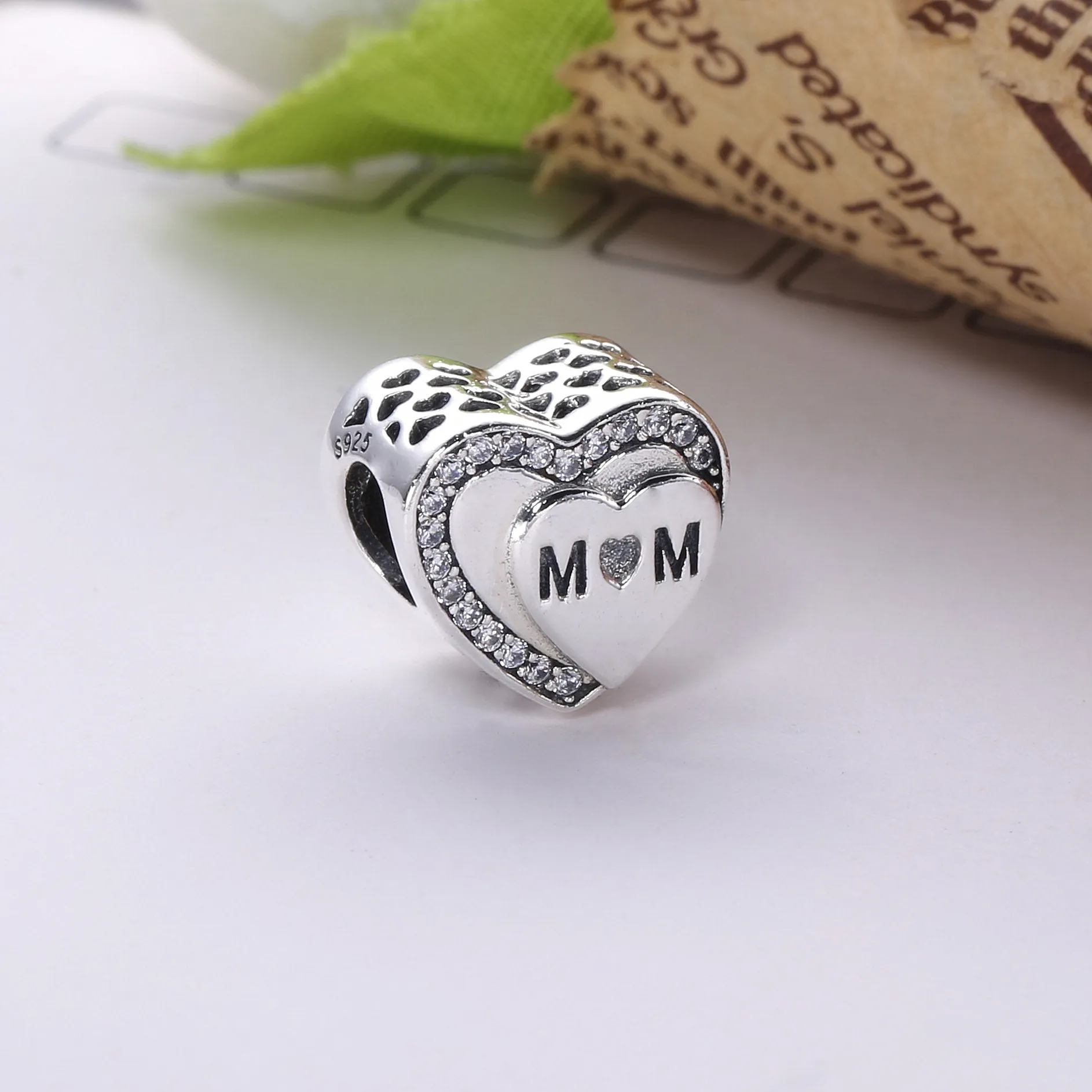 Pandora Mum heart silver charm with clear cubic zirconia - 792070CZ