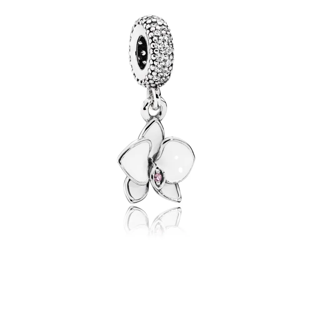 pandora orkidé sølv dingler med orkidé cubic zirconia og klar cubic zirconia og hvit emalje 791554en12